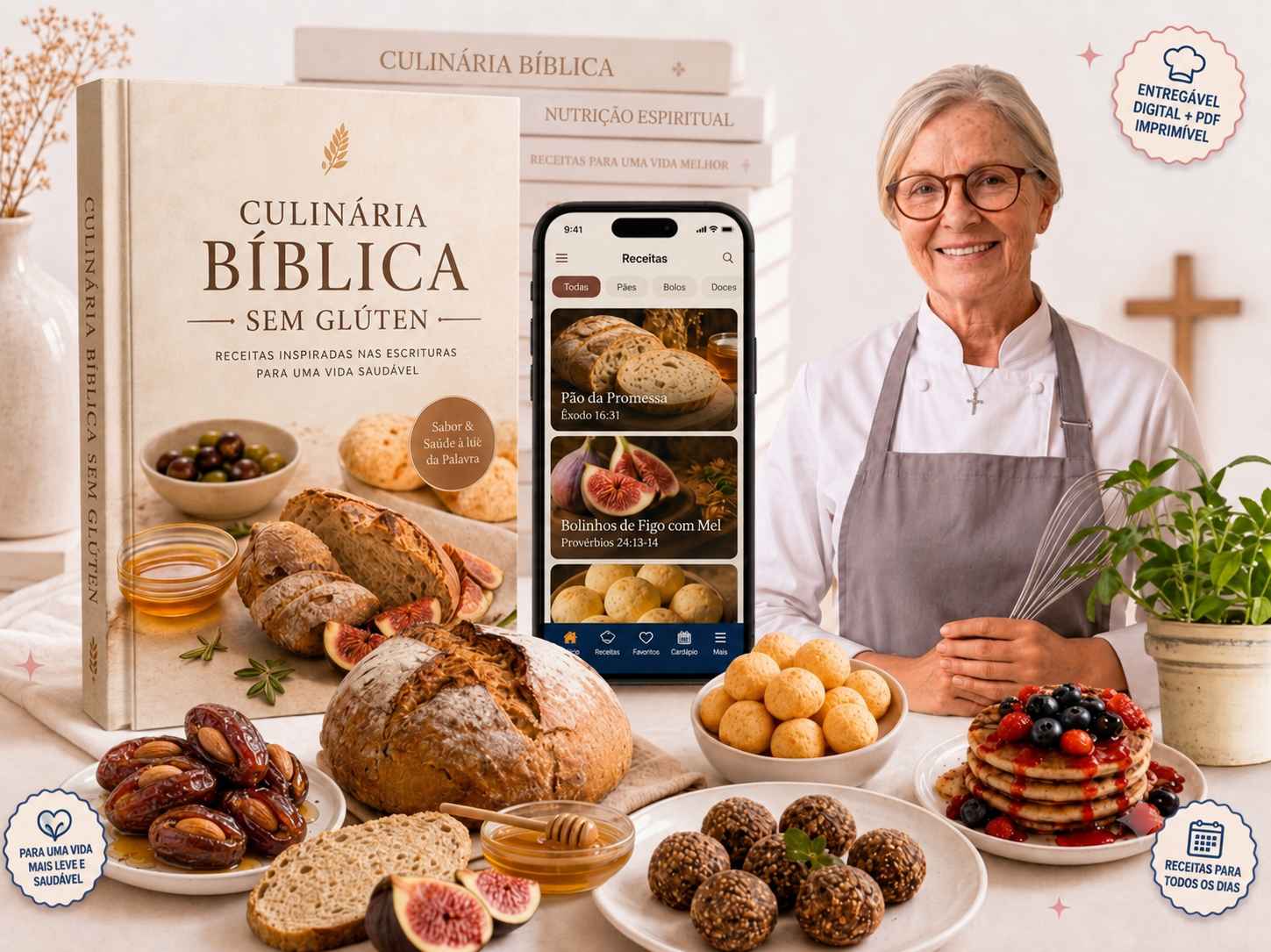 Livro de receitas Culinária Bíblica com aplicativo e pratos preparados